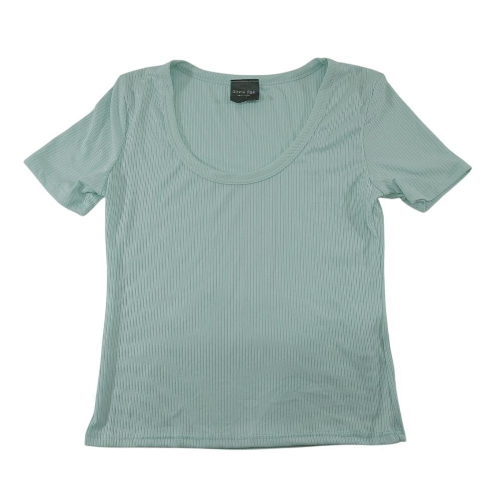 Olivia Rae Light Green Ribbed Short Sleeve Scoop Neck T-Shirt Casual Top Size L